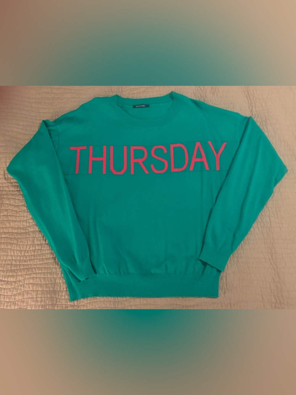 Thursday Lightweight Crewneck Sweater - Green with Pink Lettering